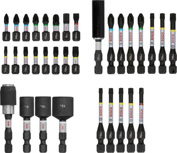 Différents ensembles d'embouts de vissage et de douilles Bosch, triés par taille et type, pour diverses applications de vissage.
