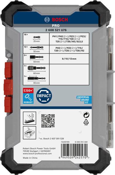 Boîtier d'un ensemble d'outils Bosch comprenant différents embouts de tournevis, un code QR et des informations de compatibilité.