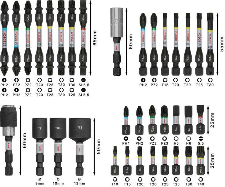 'Image de 32 embouts de tournevis différents de différentes tailles et formes, avec indication des longueurs et des types.'