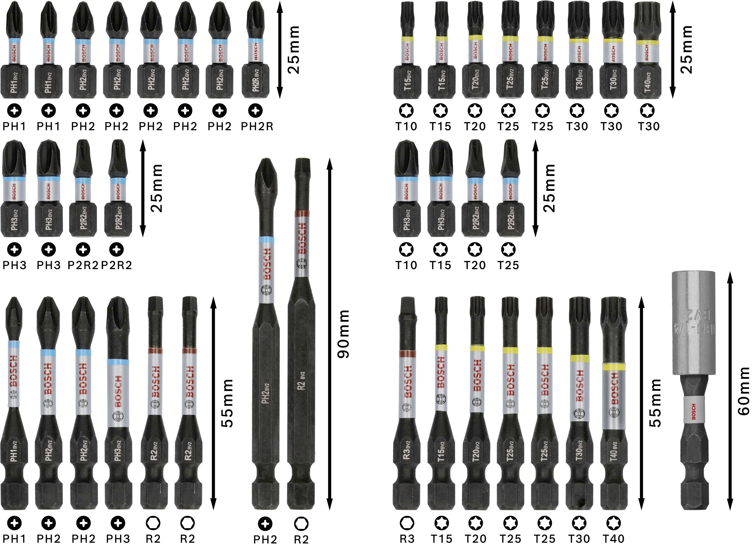 Jeu d'embouts avec différents types d'embouts de tournevis dans diverses tailles et formes. Indications de longueur : 25 mm, 55 mm, 60 mm, 90 mm.