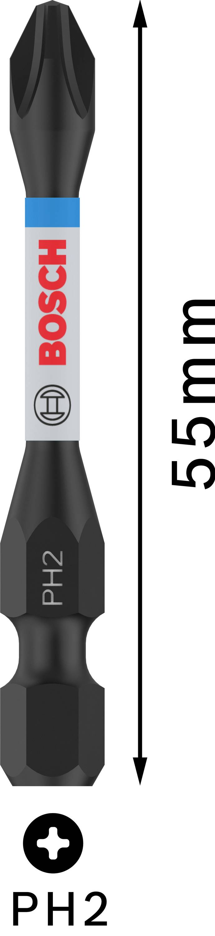 Embout de vissage Bosch PH2, longueur 55 mm, avec flèche indiquant la longueur.