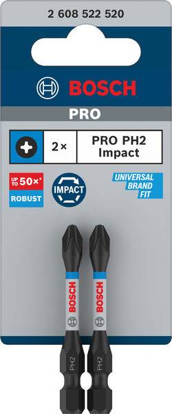 Deux embouts de vissage à impact Bosch PRO PH2 dans un emballage. Indications : « Jusqu'à 50% plus robustes », « Compatible universel », 2 pièces incluses.