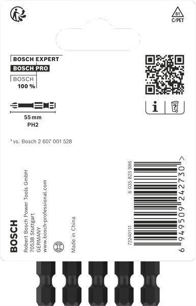 Emballage d'embouts de tournevis Bosch, PH2 de 55 mm, avec code-barres et QR code, fabriqué en Chine.