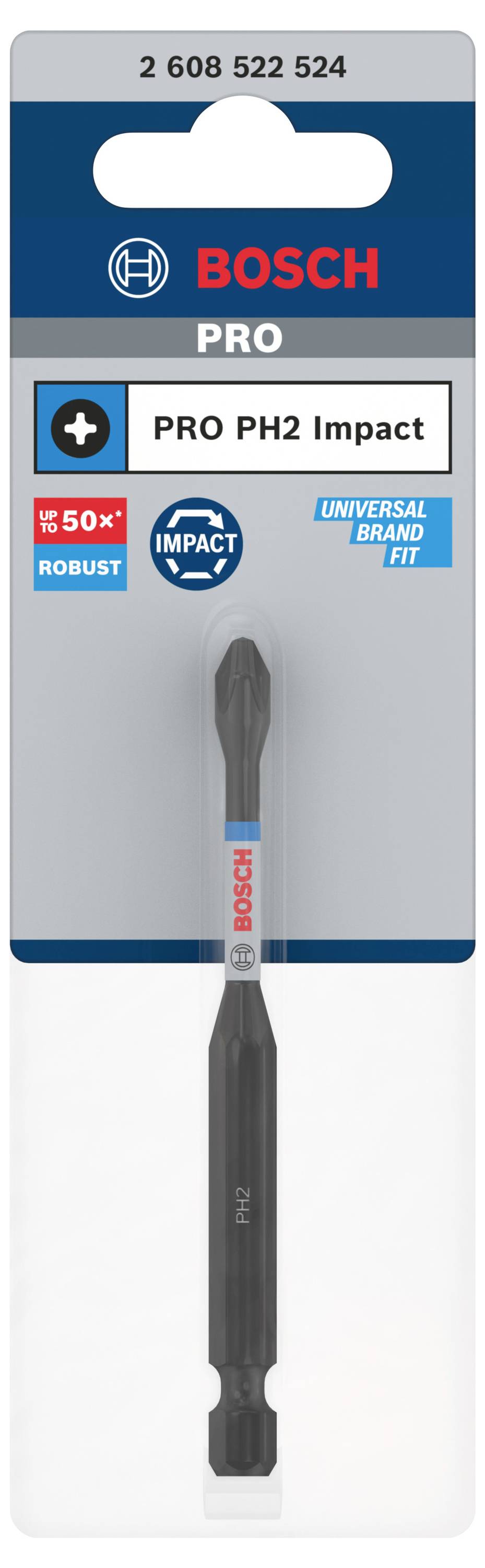 Emballage de l'embout de vissage à choc Bosch PRO PH2. Présente un embout noir avec une pointe PH2, mis en valeur comme robuste et universellement adaptable.