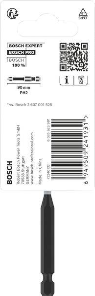 Emballage du jeu d'embouts 'Bosch Expert' avec code QR, informations sur le produit et code-barres en haut. En dessous se trouve l'embout avec son adaptateur spécial.