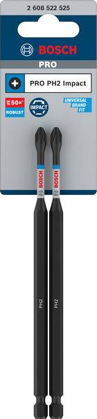 Deux embouts de vissage Impact Bosch PRO PH2 dans un emballage, adaptés aux visseuses sans fil, particulièrement robustes pour une utilisation intensive.