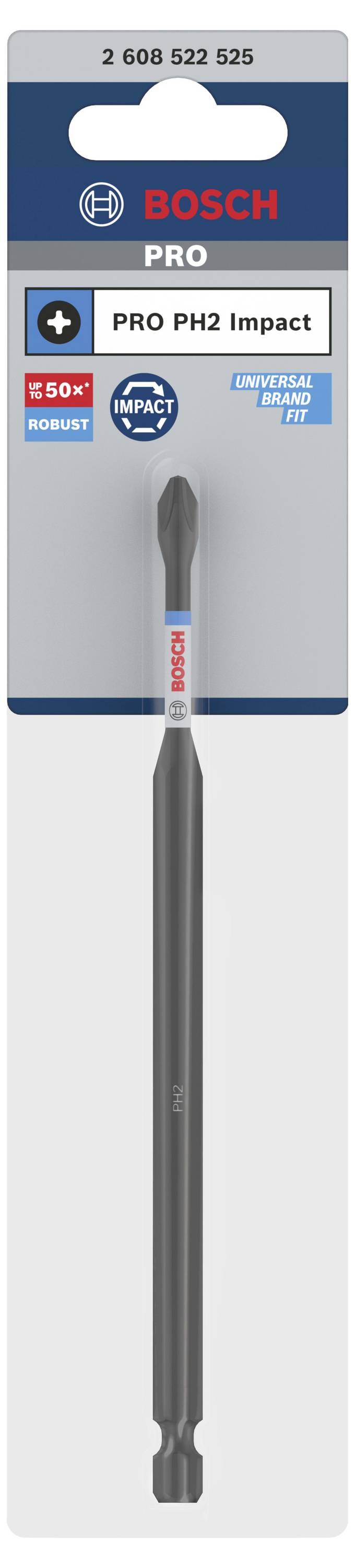 Embout de tournevis à chocs Bosch PRO PH2, gris foncé, robuste, allongé. L'emballage met l'accent sur la durabilité, adapté aux outils électriques.