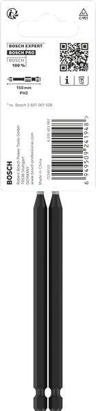 Deux embouts de tournevis Bosch noirs devant un emballage blanc contenant des informations sur le produit, y compris un code QR et un code-barres.