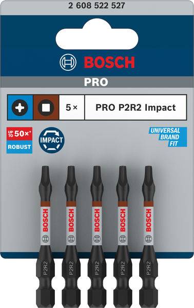 Cinq embouts de vissage à choc Bosch PRO P2R2 noirs dans un blister. Texte : « Adaptabilité universelle », « Jusqu'à 50 % plus robuste ».