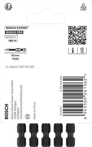 Arrière de l'emballage des embouts de tournevis Bosch. En haut logos, code QR et icône. En bas, cinq embouts noirs, 55mm, PZ2.