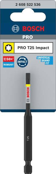 'Bosch PRO T25 Impact' Embout vendu individuellement dans son emballage, avec des indications sur sa robustesse et son ajustement sur un fond bleu-gris.