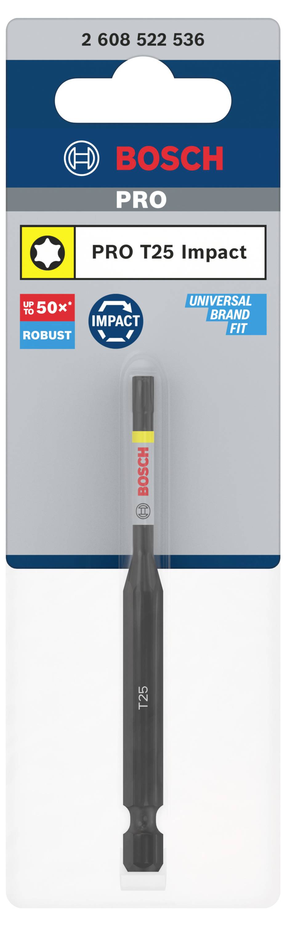 Embout de tournevis Bosch pour vis T25, série PRO, avec inscription 'Impact', l'emballage met en avant la durabilité et l'adaptabilité universelle.