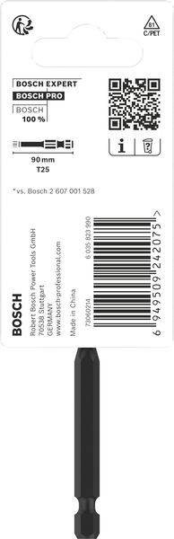 Embout de tournevis Bosch T25, 90mm, avec code QR et diverses informations produit. Adapté aux applications professionnelles.