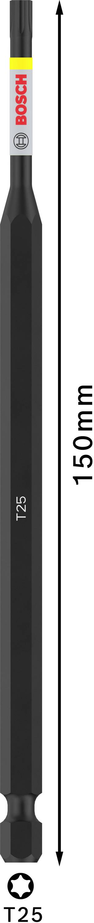 L'image montre un embout de tournevis de 150 mm de long compatible avec deux types de vis.