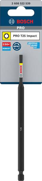 Emballage d'un embout de percussion Bosch PRO T25, 50 mm, pour travaux de vissage. Présenté avec les informations produit et le logo Bosch.