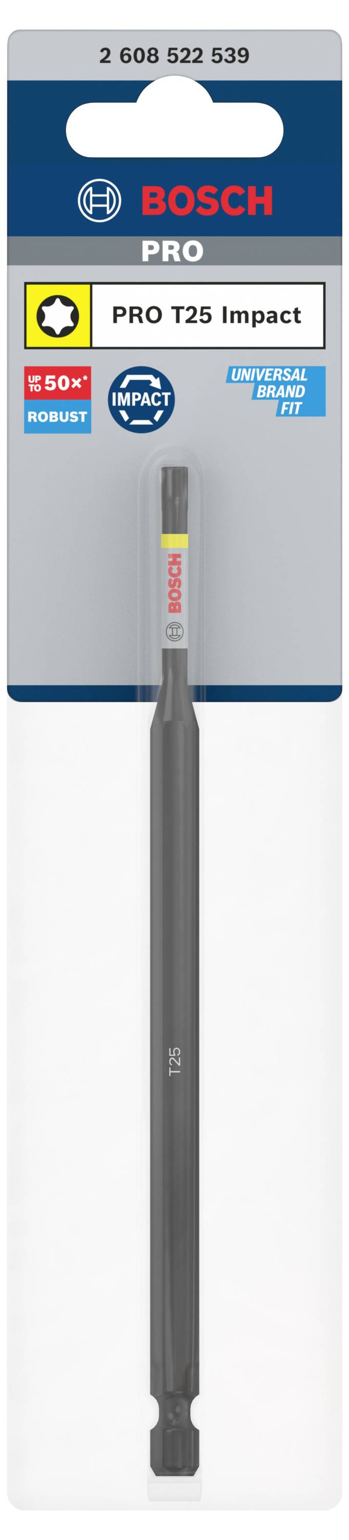 Embout de tournevis à impact 'Bosch Pro T25 Impact' dans son emballage avec étiquette portant le logo du fabricant, l'inscription 'PRO T25 Impact' et les indications de durabilité.