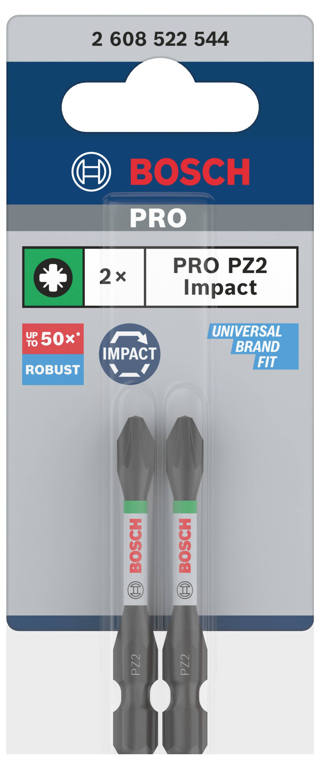 Emballage d'embouts à impact Bosch PZ2, lot de 2, compatibles avec toutes les marques, jusqu'à 50 fois plus résistants.