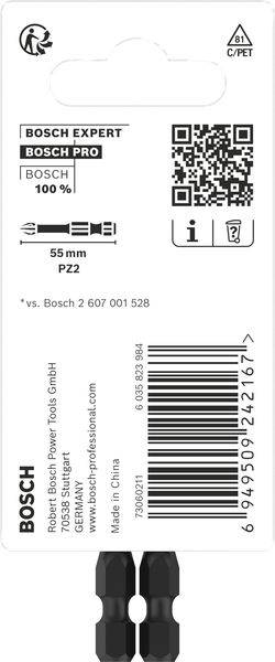 Coffret de forets Bosch avec code QR pour les informations sur le produit. L'emballage présente un embout PZ2 de 55 mm de long avec des caractéristiques de qualité.