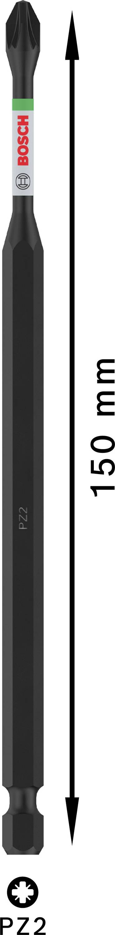 Embout de tournevis d'une longueur de 150 mm ; finition noire ; les flèches indiquent la longueur ; marquage : PZ 2.