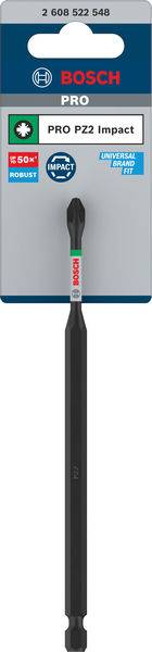 Un embout de tournevis à percussion Bosch PRO PZ2 dans son emballage. Adapté pour une utilisation avec des outils électriques.