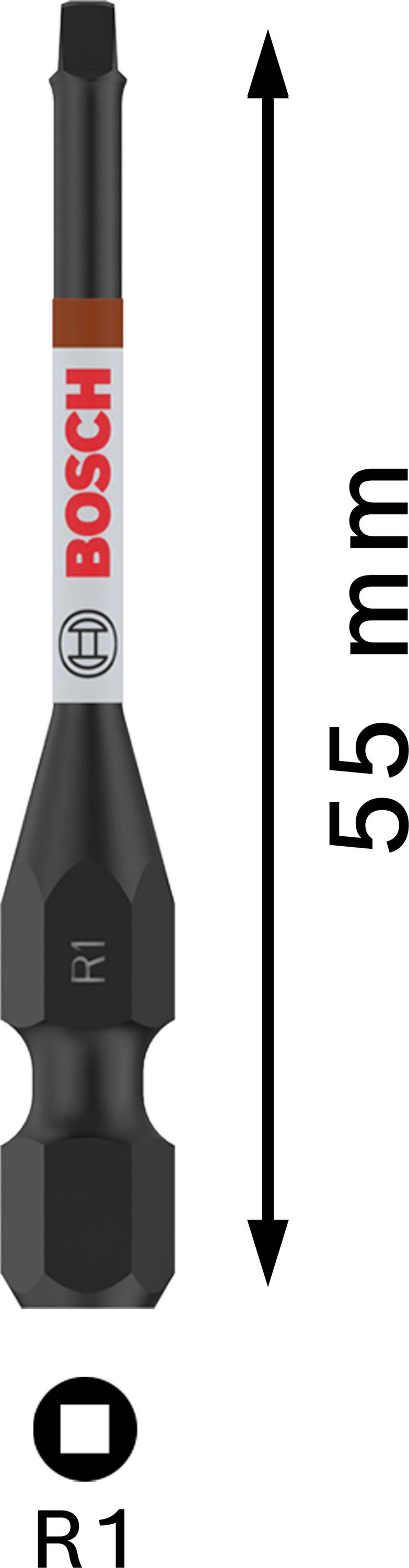 Un embout noir avec inscription 'Bosch', 55 mm de long, marqué 'R1'. La flèche indique la longueur ; forme carrée à une extrémité.