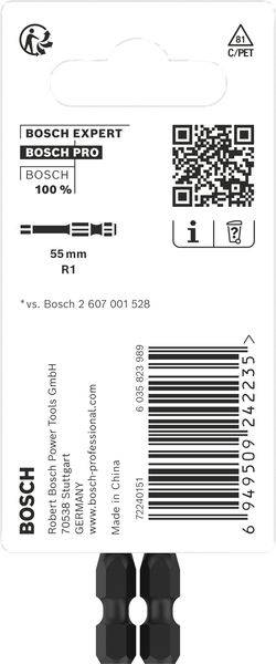 Emballage pour embout de tournevis Bosch, 55 mm R1, avec code QR et numéro de référence. Contient des informations sur le produit et les détails du fabricant.