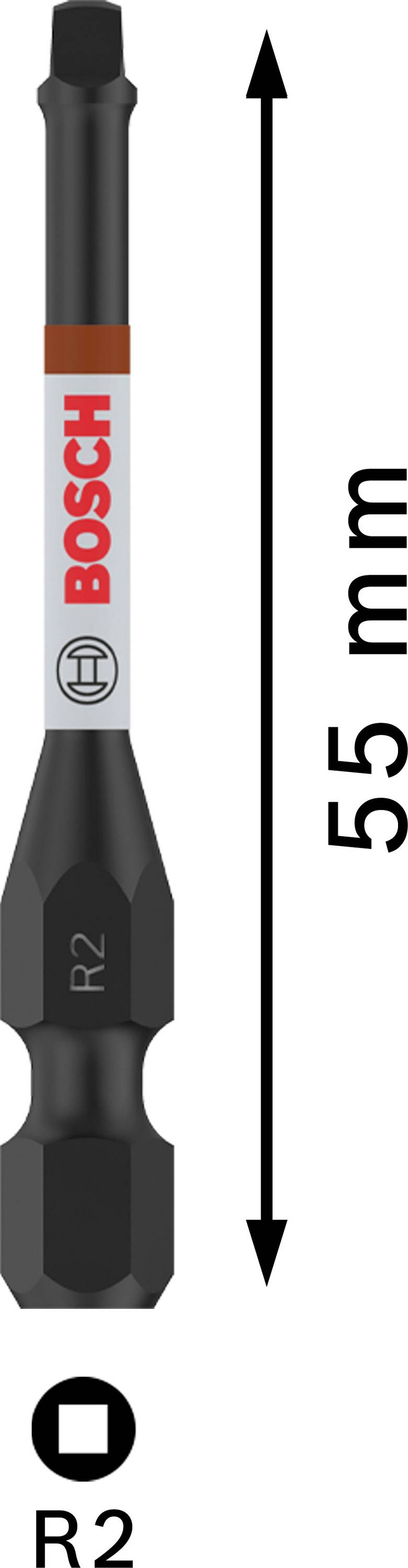 Embout de vissage Bosch noir avec anneau rouge, marquage 'R2', longueur 55 mm.