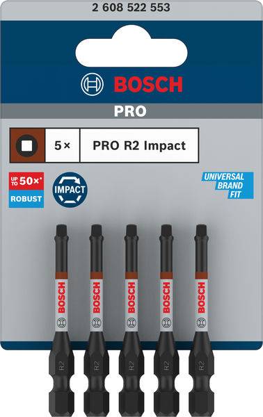 'Embouts de vissage à impact Bosch PRO R2, lot de 5, robustes et polyvalents. L'emballage présente le logo et les informations du produit.'