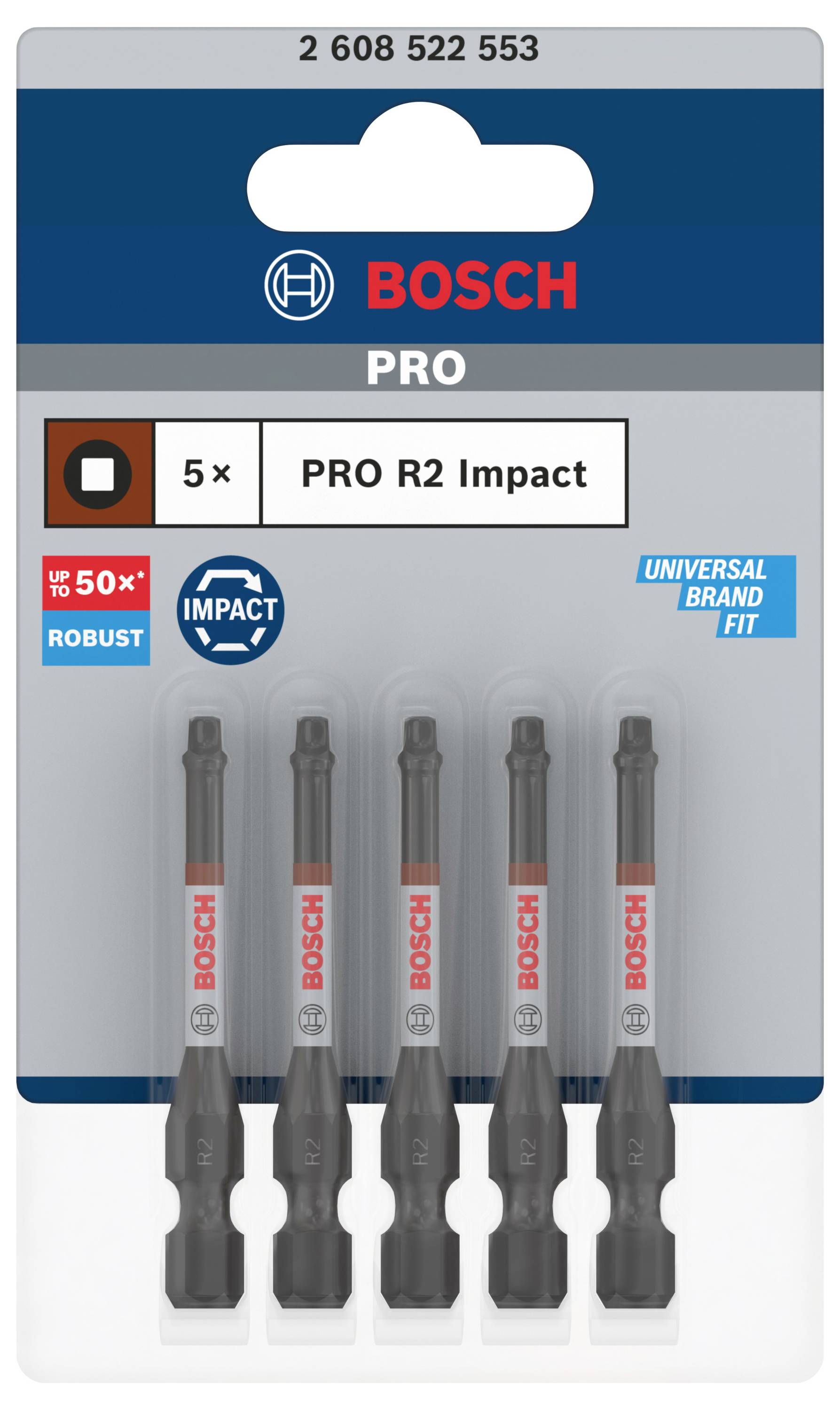 'Bosch PRO R2 Impact', ensemble de 5 embouts de vissage en emballage, adapté aux applications robustes avec un ajustement universel.