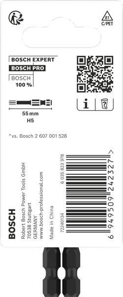 Emballage de l'embout de tournevis 'Bosch Expert' affichant les détails du produit : longueur de 55 mm, H5. Code QR présent, recyclable, fabriqué en Chine, pour Bosch Pro.