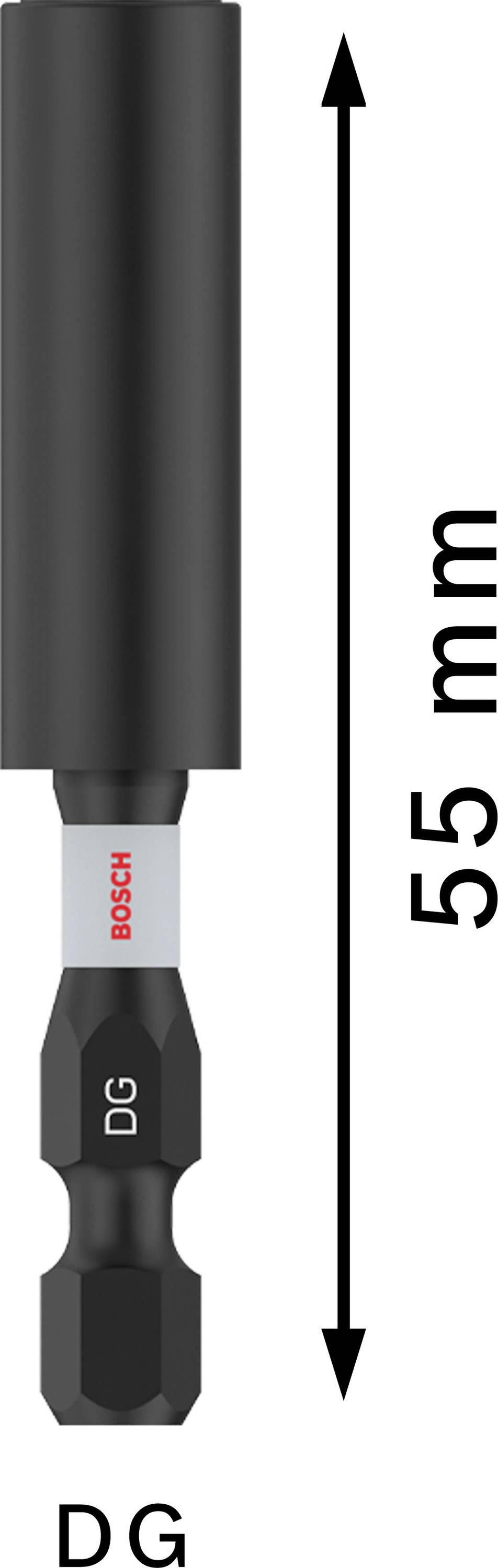 Embout Bosch DG, embout hexagonal noir, longueur 55 mm, avec marquage laser 'DG' et 'BOSCH' en rouge, indique la flèche avec la longueur.