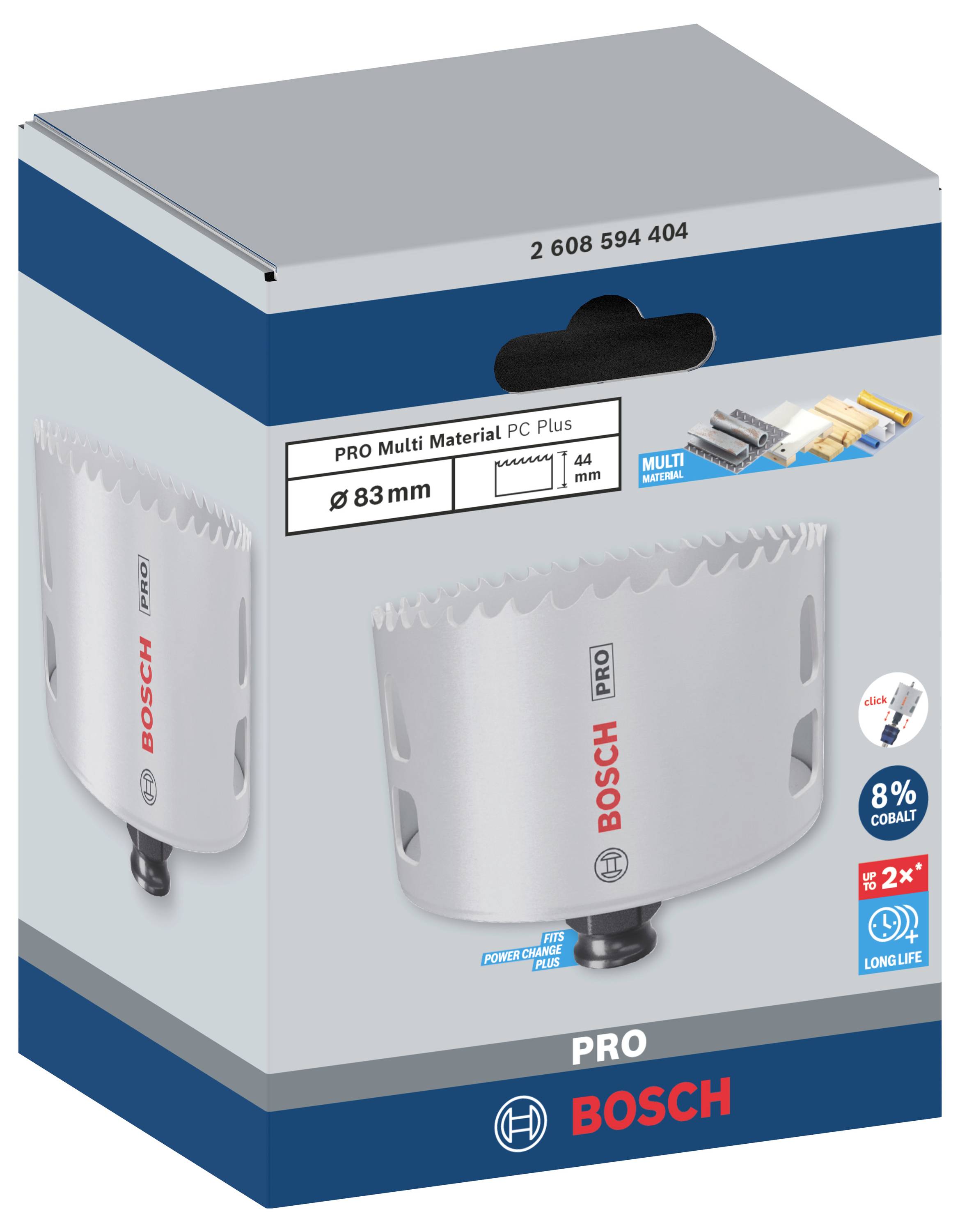 Une scie cloche grise de la marque Bosch, adaptée aux multi-matériaux professionnels, d'un diamètre de 83 mm. L'emballage présente des dents de coupe.