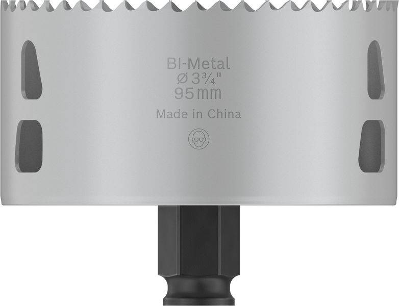 Scie circulaire à métaux portant l'inscription 'BI-Métal Ø 3¾" 95mm Fabriqué en Chine', montrant la lame et le support.