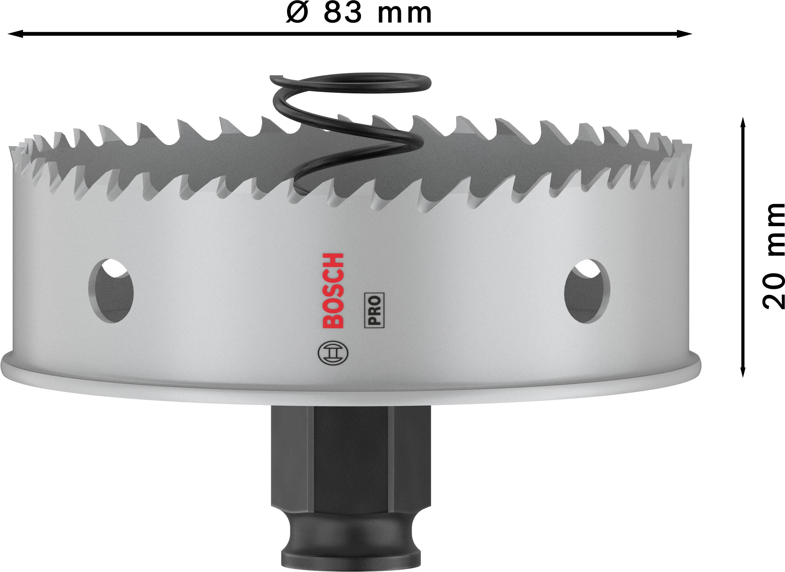 Scie cloche avec diamètre 83 mm et hauteur 20 mm, conçue pour applications professionnelles, visible avec ressort spiral. Logo de marque sur la scie.