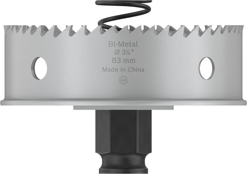Tête de scie "BI-Métal" de 83 mm de diamètre. Fabriquée en Chine. Dotée de dents tranchantes et de deux ouvertures latérales.