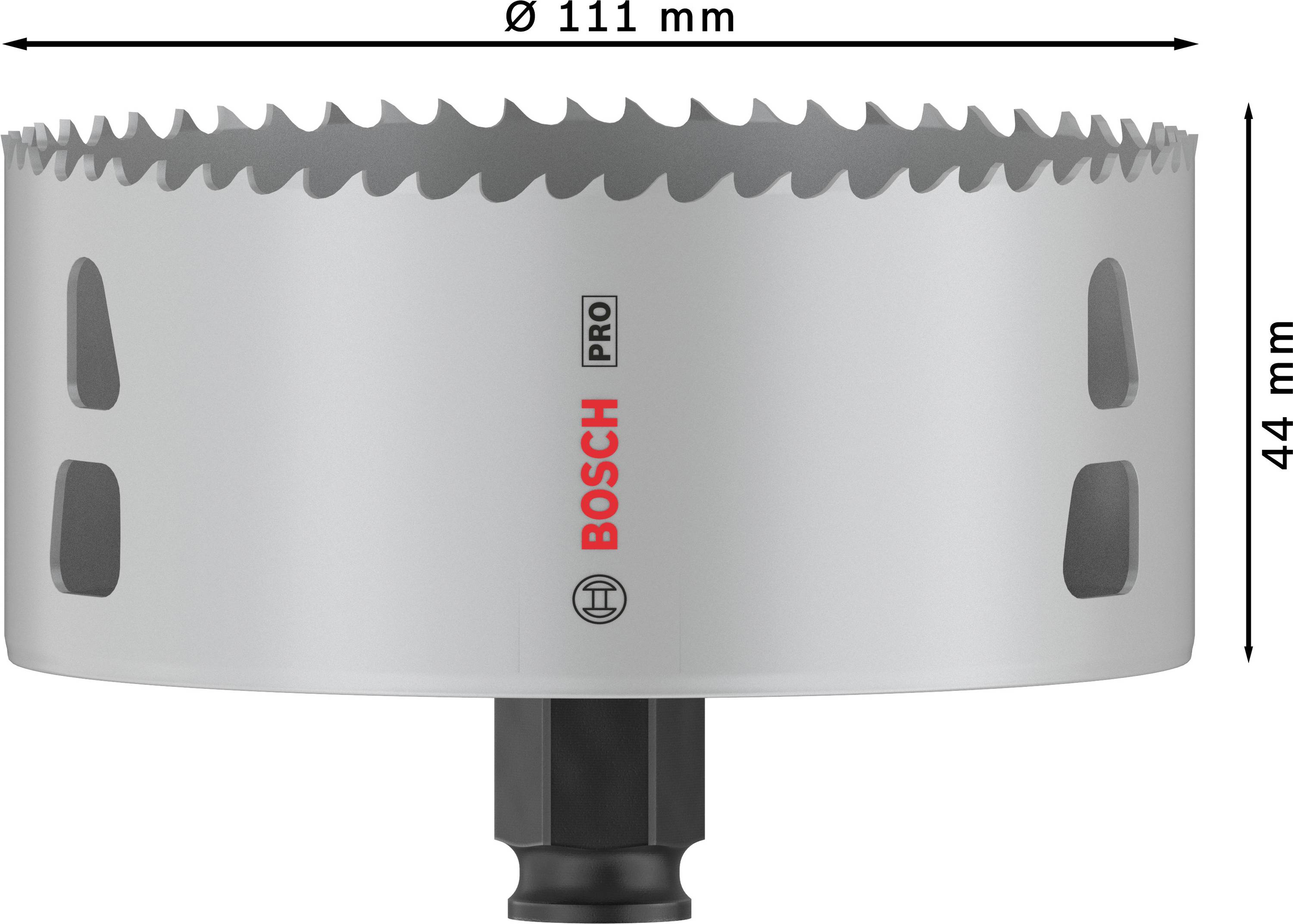 Couronne de scie Bosch Pro avec un diamètre de 111 mm et une hauteur de 44 mm. Produit pour travaux de découpe professionnels.