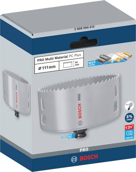Emballage de produit pour la scie cloche Bosch 'PRO Multi Matériaux PC Plus' de 111 mm de diamètre, illustré avec des exemples de matériaux et le logo.