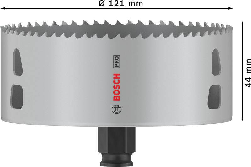 Lame de scie à métaux de grand diamètre de 121 mm et de profondeur 44 mm, avec des dents et le logo Bosch au centre.
