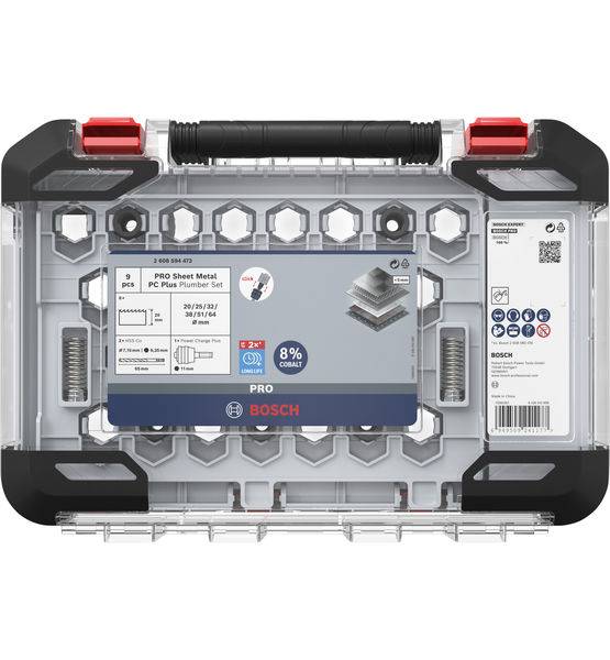 Coffret de forets métalliques PRO de Bosch, dans un boîtier en plastique transparent avec une étiquette indiquant les tailles et les détails des forets.