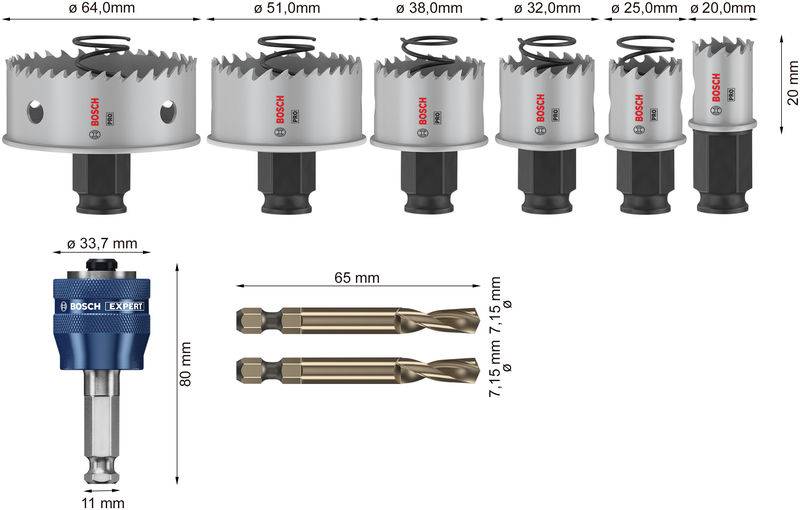 'Ensemble de six scies-cloche de différentes tailles avec adaptateur de 11 mm et deux forets. Tailles : 64 à 20 mm, adaptateur : 33,7 mm.'