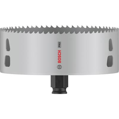 Scie cloche argentée aux dents acérées, logo de marque 'Bosch Pro' en rouge sur le côté. Utilisée pour le perçage et le fraisage professionnel.