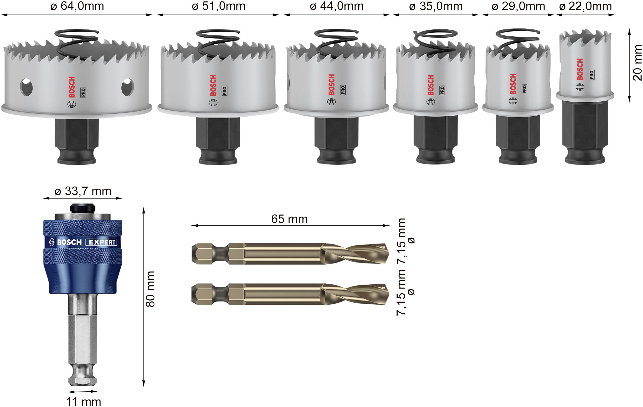 Six lames de scie de différentes tailles, un adaptateur bleu et deux forets avec indications de longueur et de diamètre. Nom de marque visible.