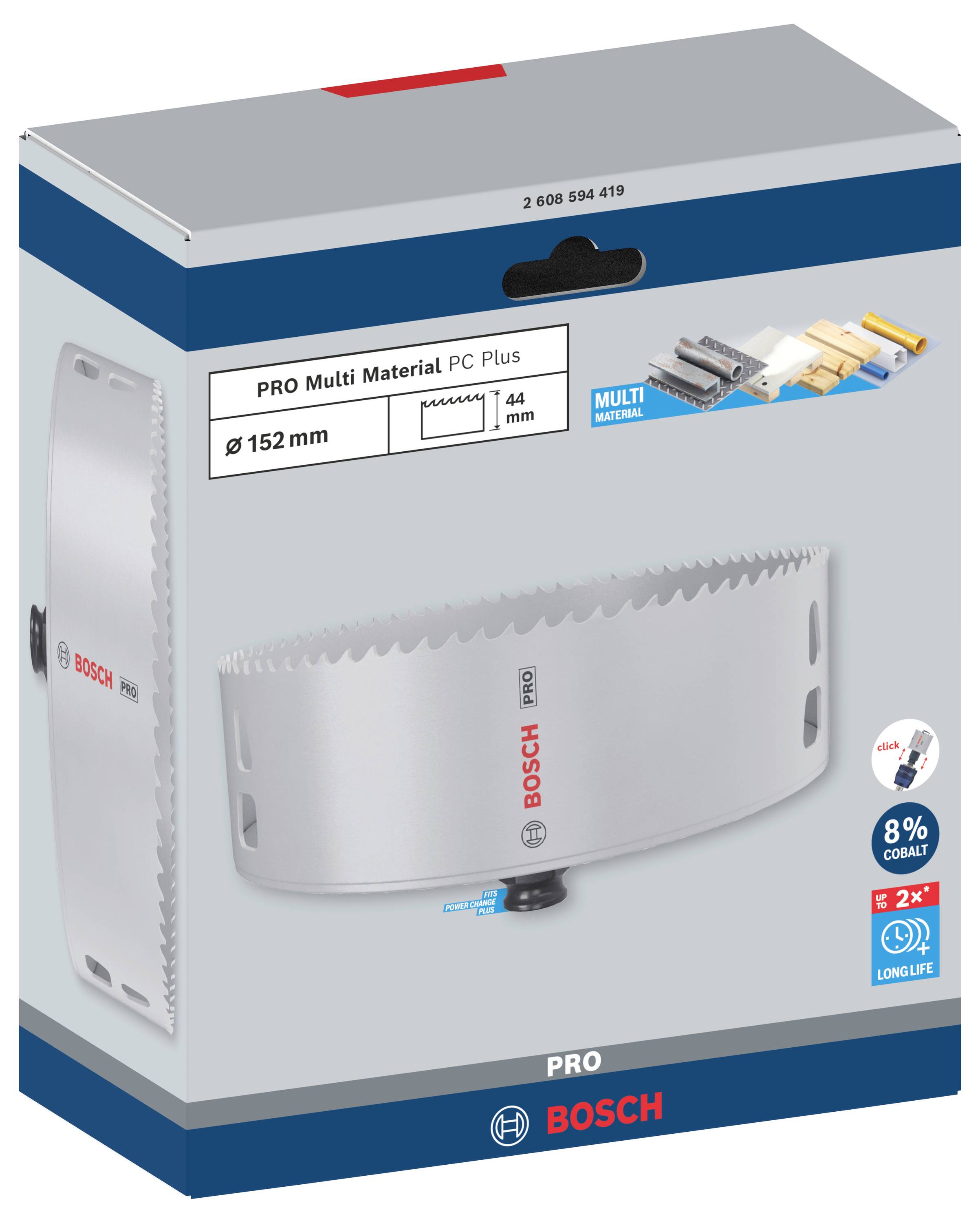 Emballage d'une scie cloche multimatériaux Bosch PRO de 152 mm de diamètre, adaptée pour le bois, le plastique et le métal.