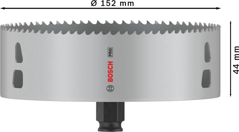 Couronne de scie Bosch Pro, Ø 152 mm, hauteur 44 mm, avec dents et fentes de ventilation.