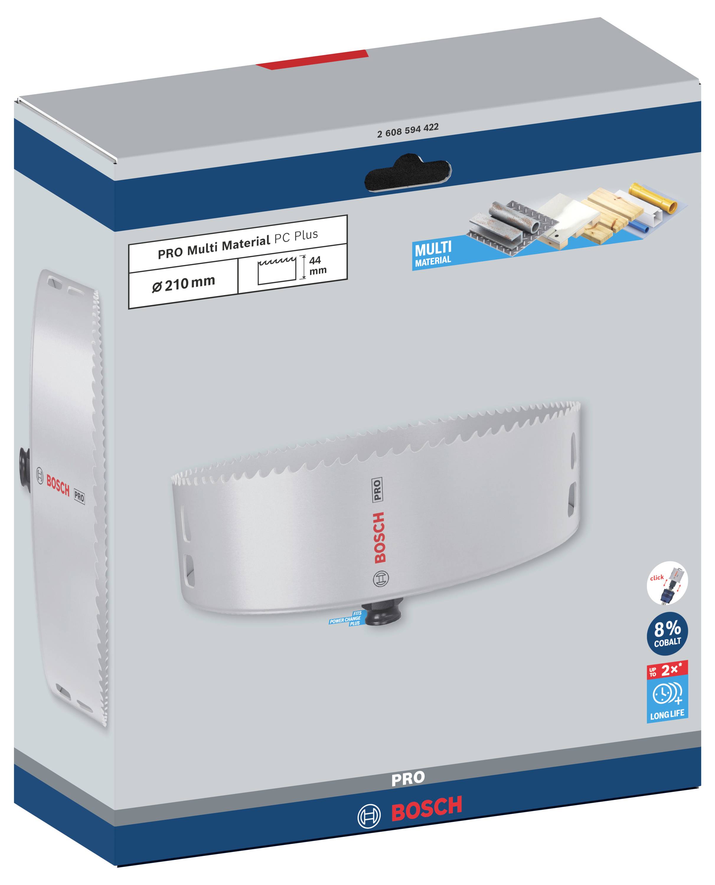 Emballage d'une scie cloche multi-matériaux Bosch PRO Ø 210 mm, adaptée pour le métal et le bois. Offre une longue durée de vie et une indication de cobalt à 8%.