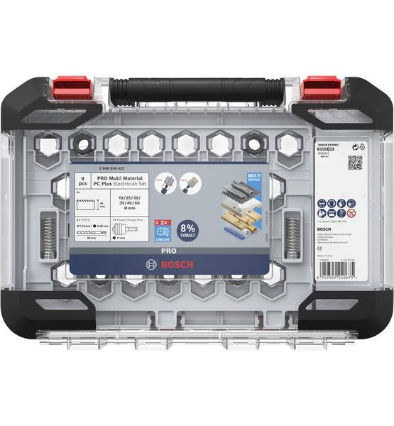 Boîte en plastique transparent contenant un coffret de scies-trépans Bosch Pro Multi Matériaux pour différents matériaux, illustré sur l'emballage.