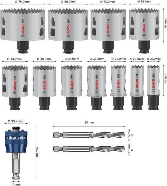 'Bosch Ensemble de scies-cloche': 11 scies-cloche de diamètres différents, un adaptateur et deux forets. Idéal pour les travaux sur métal et bois.