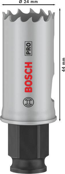 Couronne de forage Bosch Pro, de couleur argentée, d'un diamètre de 24 mm et d'une hauteur de 44 mm, convient pour un perçage précis.