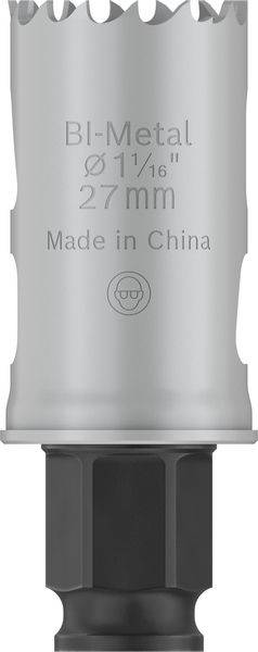 Scie-cloche en métal avec l'inscription 'BI-Metal Ø11/16" 27 mm Made in China'. Adaptée pour le perçage de surfaces métalliques.