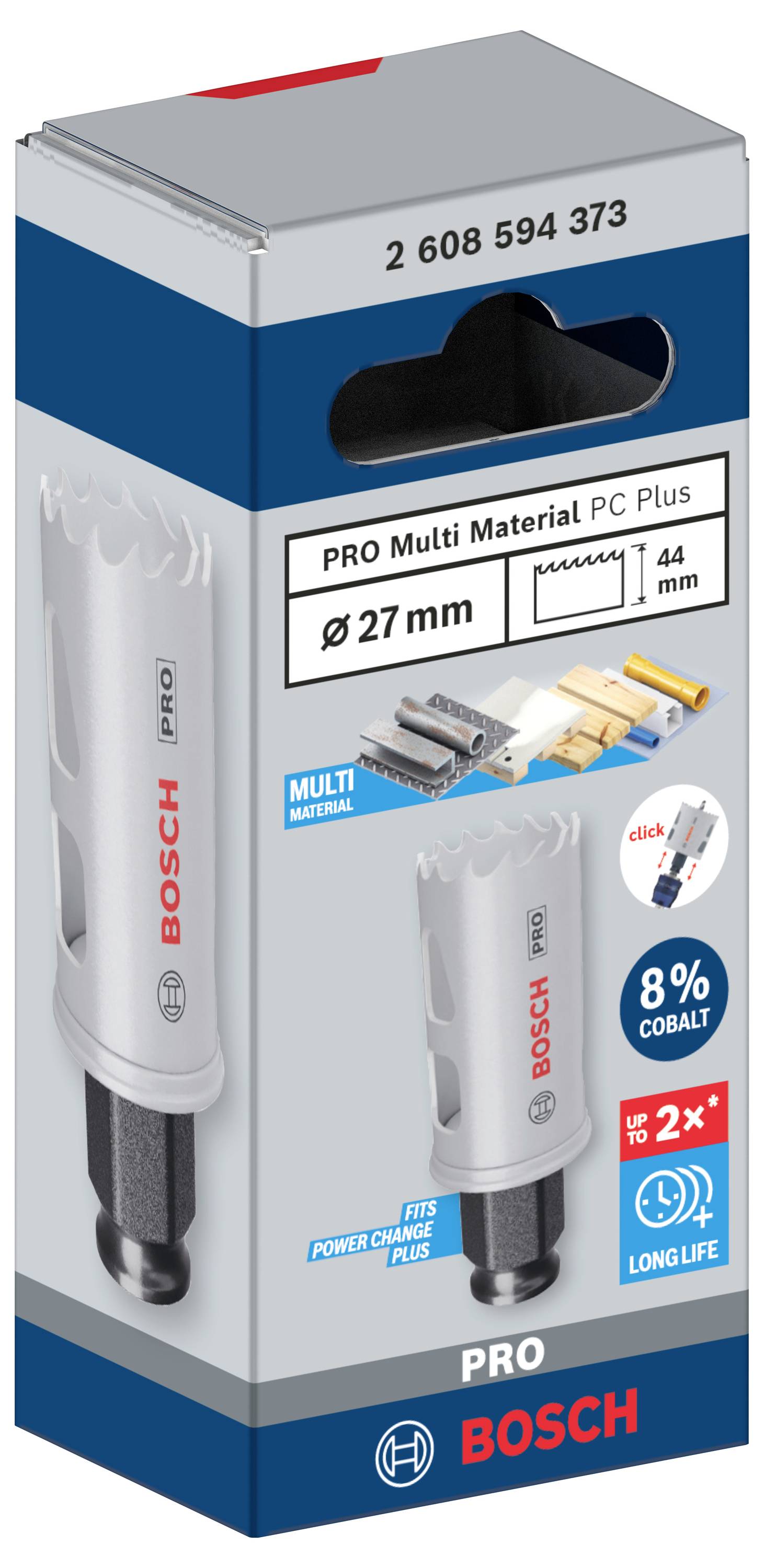 Emballage de foret avec l'inscription 'BOSCH PRO' ; taille 27 mm. Adapté aux multi-matériaux avec 8 % de cobalt pour une durée de vie prolongée.